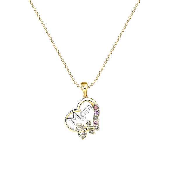 Heart Shaped Mom Pendant w/ Multi Colored Rhinestone & Butterfly Necklace