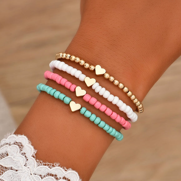 Multi Color Rice Bead Bracelet with Gold Heart