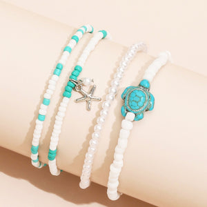 Turquoise Turtle & Silver Starfish 4 piece bracelet set