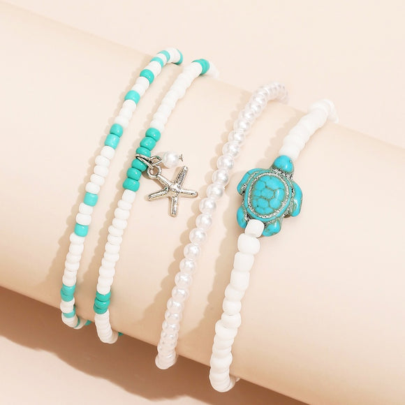 Turquoise Turtle & Silver Starfish 4 piece bracelet set