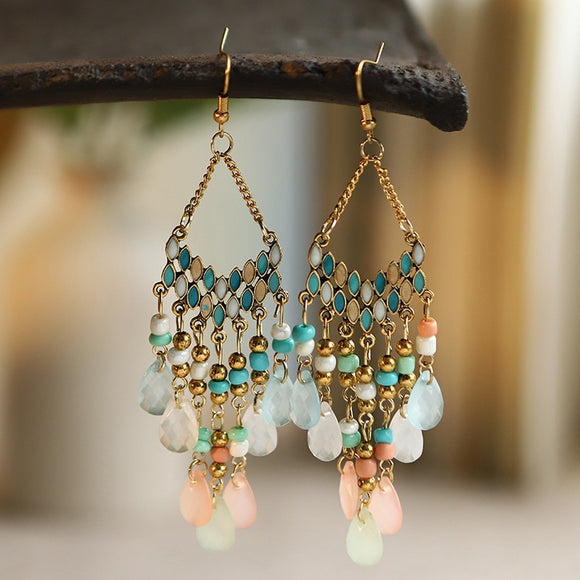Vintage Style Multi Color Beaded Fringe Earrings