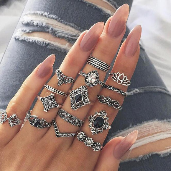 Water Drop Geometric Rings-Silver Set of 15