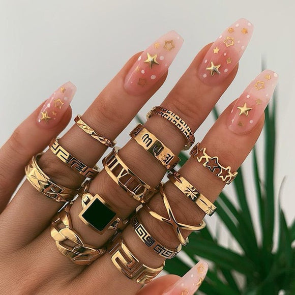 Water Drop Geometric Rings-Gold Set of 13