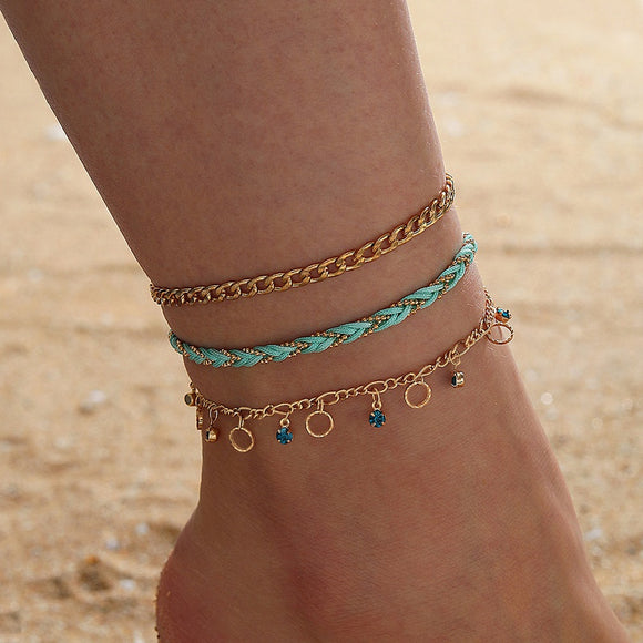 Braided Chain & Blue Rhinestone 3 piece anklet Set