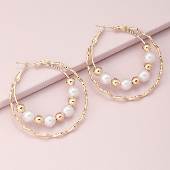 Double Layer Pearl & Gold Bead Hoop Earring