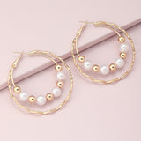 Double Layer Pearl & Gold Bead Hoop Earring