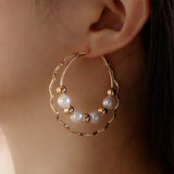 Double Layer Pearl & Gold Bead Hoop Earring