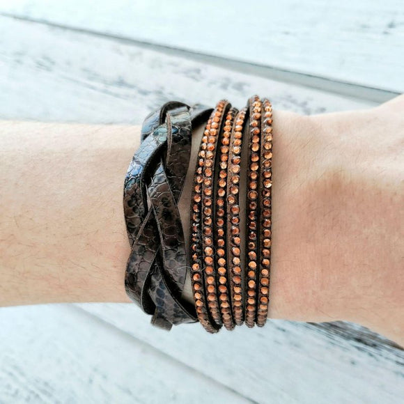 Multilayer Winding Flannel Woven Leather Snap Bracelet