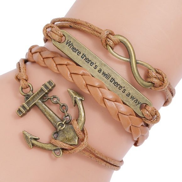 Where There's a Will, There's a Way, Leather Urban Bracelet w/ Anchor & Infinity Detail