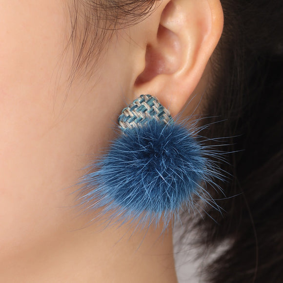 Fur Ball with Square Lattice Design Earring