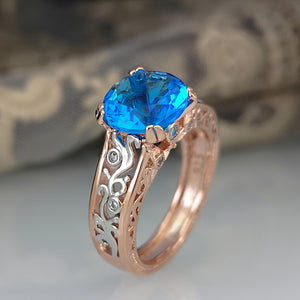 Blue Zircon Gem with Rose Gold & Silver Detailed Ring