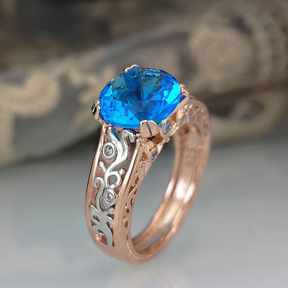 Blue Zircon Gem with Rose Gold & Silver Detailed Ring