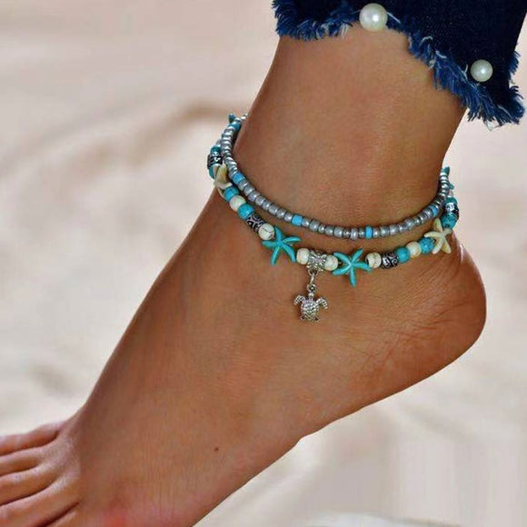 Turquoise Starfish and Turtle Pendant Anklet