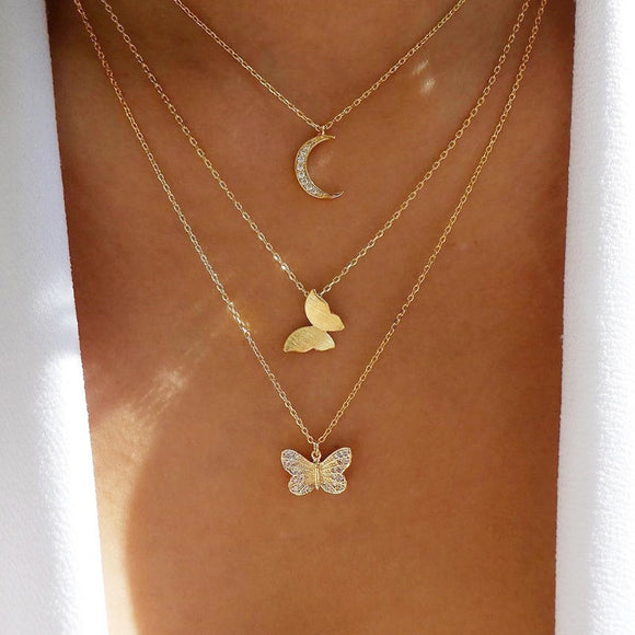 Three Layer Butterfly Pendant Necklace
