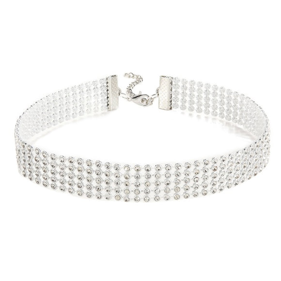 Multi Layered White Rhinestone Choker Necklace