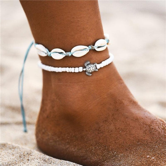 Seashell & Turtle Charm Beaded Anklet