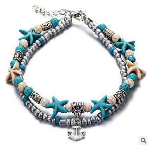 Turquoise Starfish and Anchor Pendant Anklet