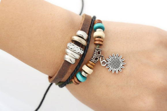Multi layered leather beaded bracelet with sunflower charm
